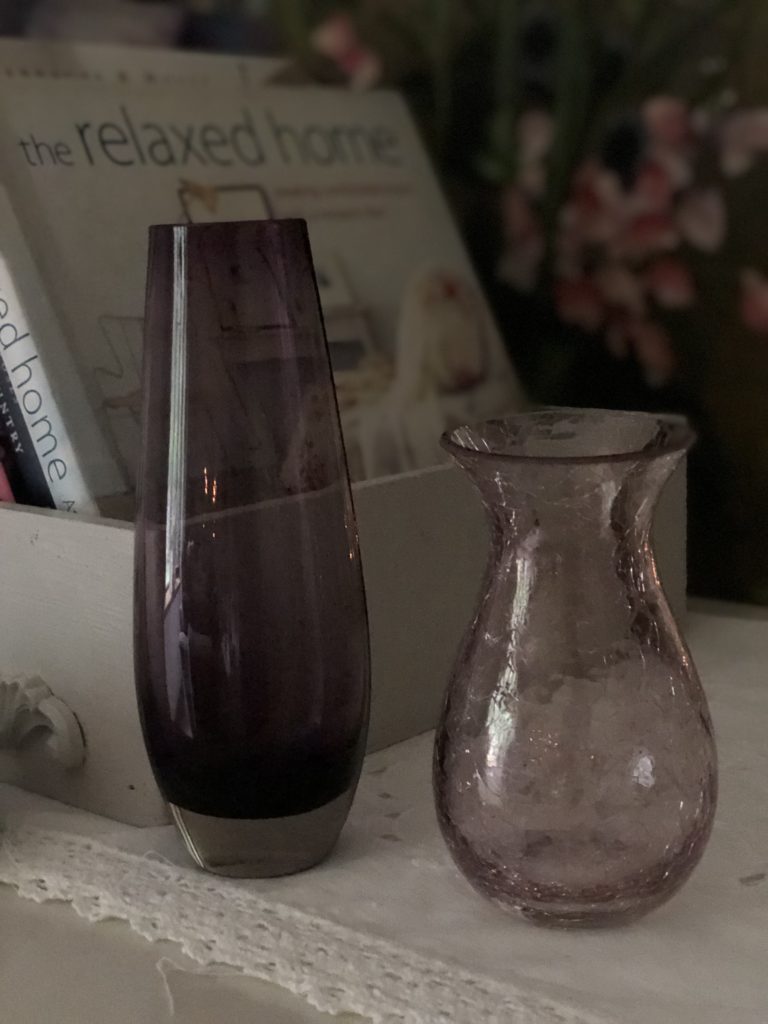 purple charity shop vases used in autumn home decor