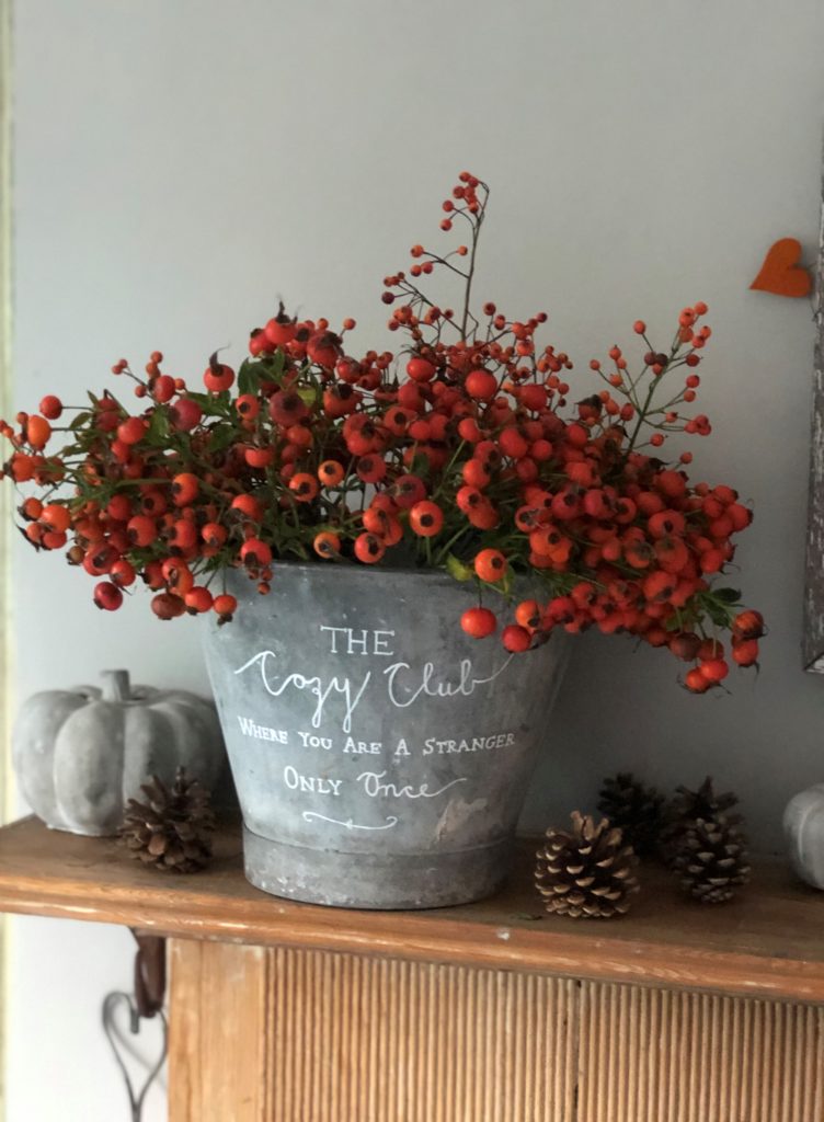 zinc bucket with painted message full of orange rosehips on wooden mantle