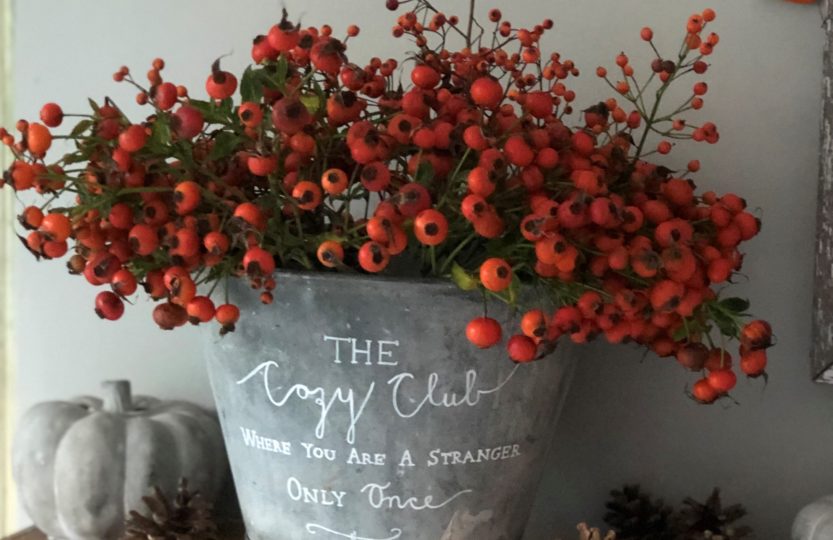 zinc bucket with painted message full of orange rosehips on wooden mantle