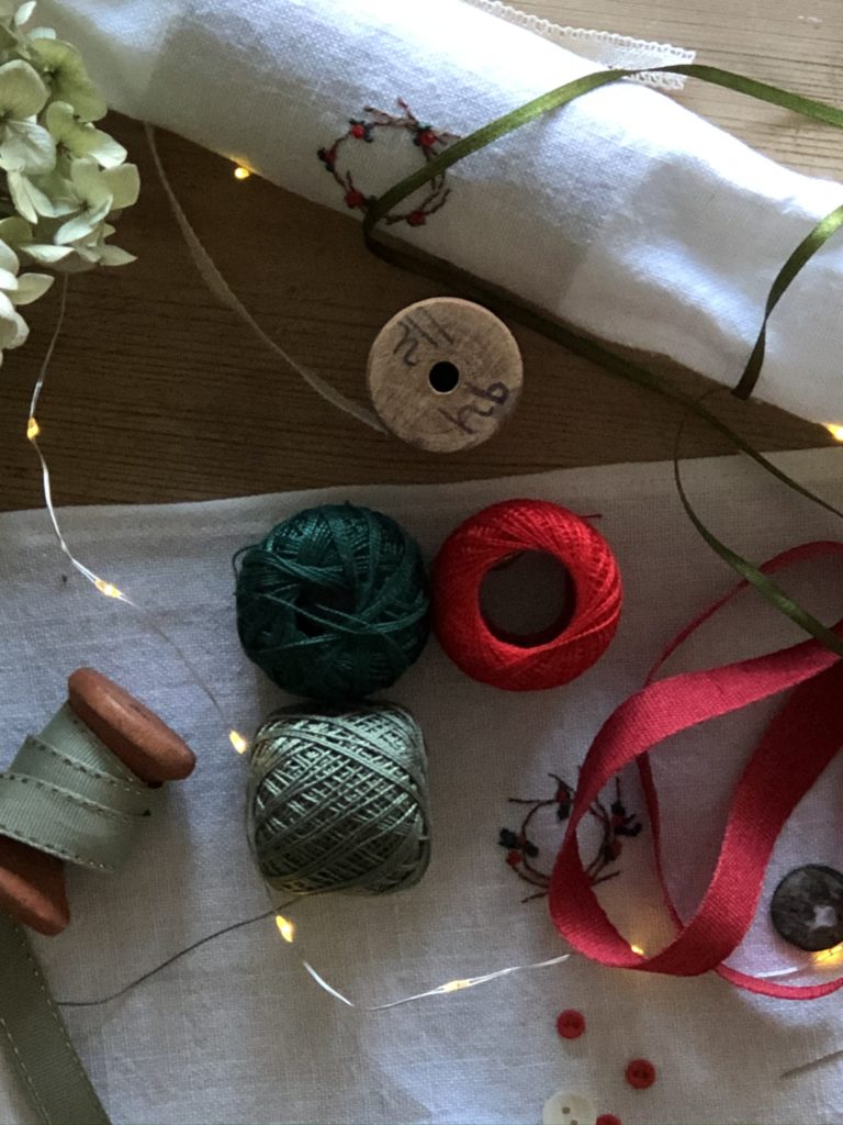 threads, ribbons, fabric and fairy lights