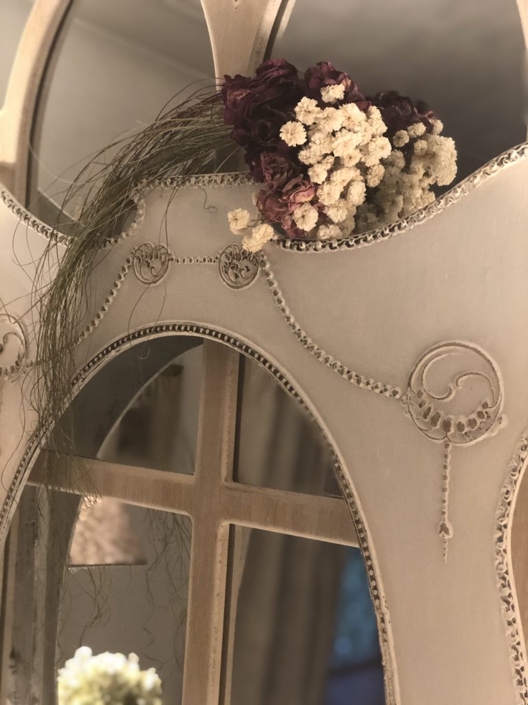 wet distressing painted furniture with dried flower posy