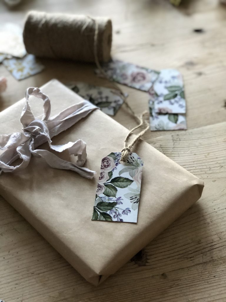 vintage bows and gift tags with brown paper gift wrapping