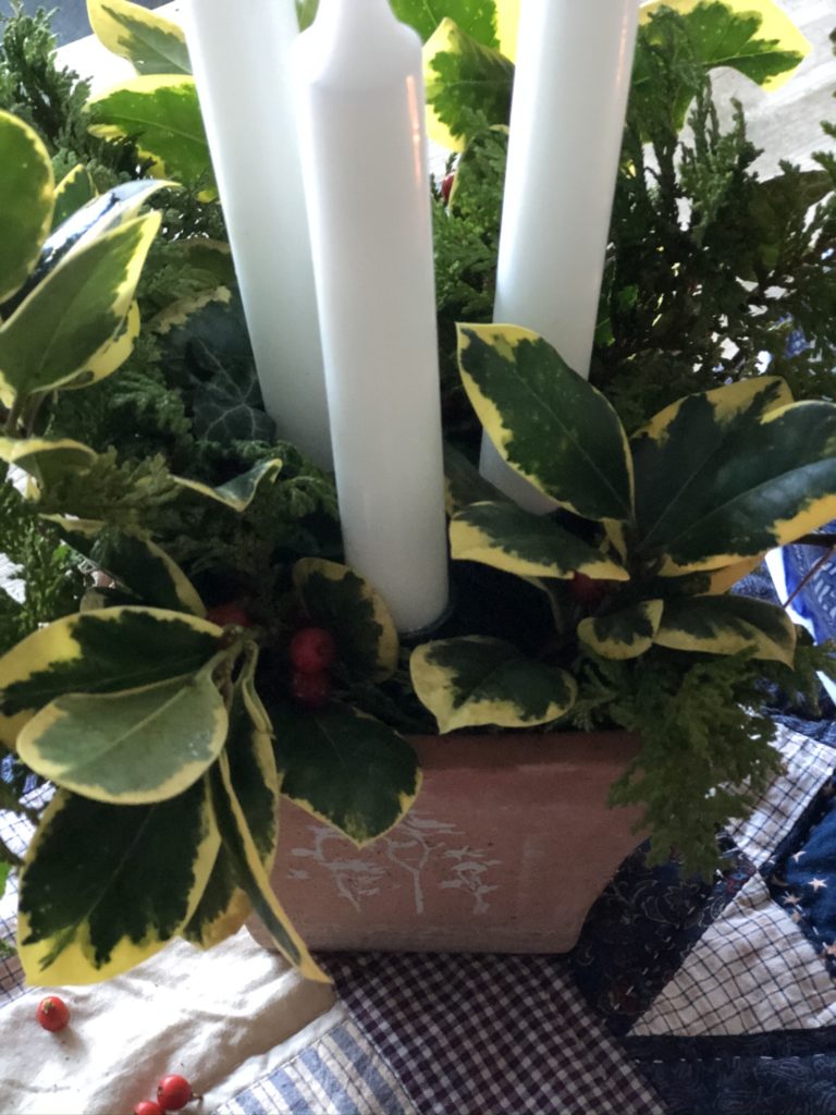 foliage, candles and berries in terracotta pot