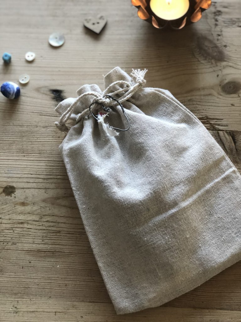 calico drawstring bag with mini wire heart and buttons