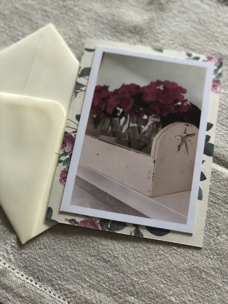 personalised thank you card with photo of hydrangeas in painted trug