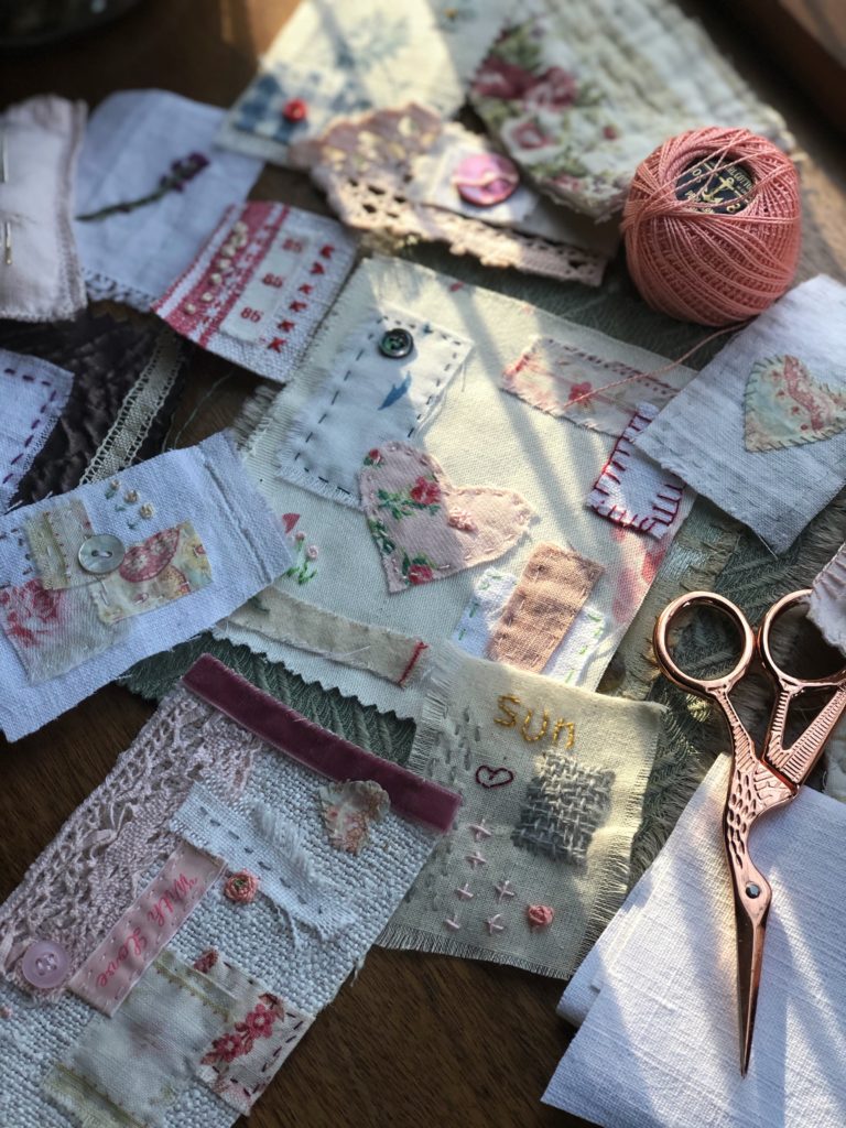 embroidered vintage fabric scraps to make key rings