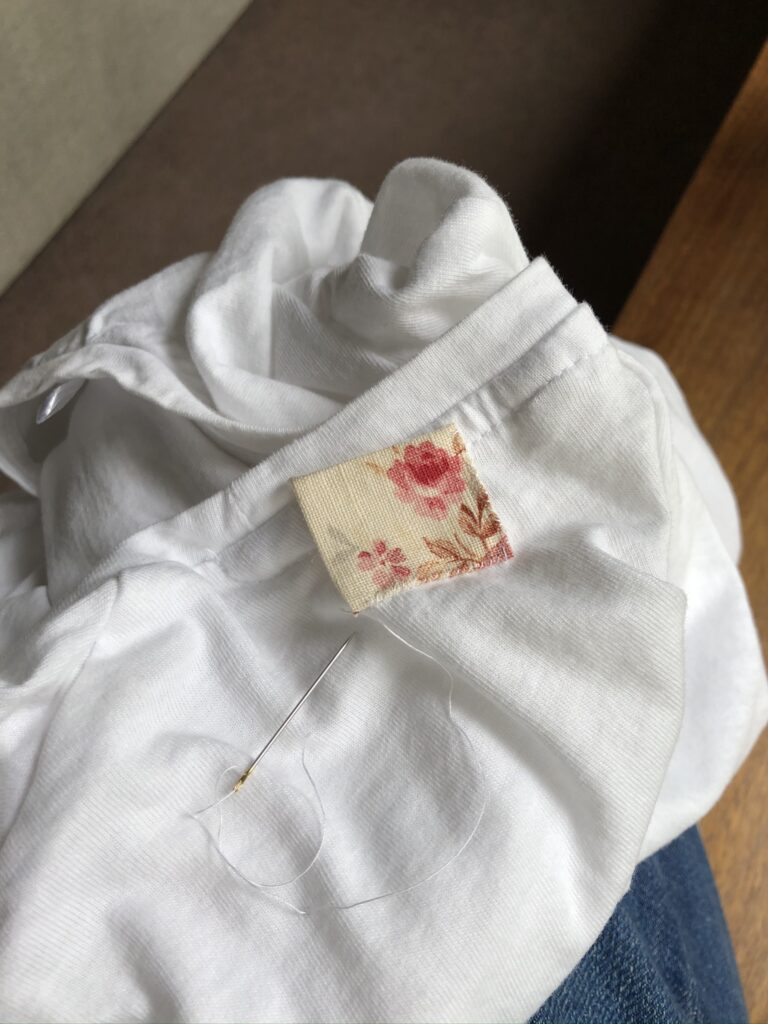 patching a t-shirt with vintage fabric