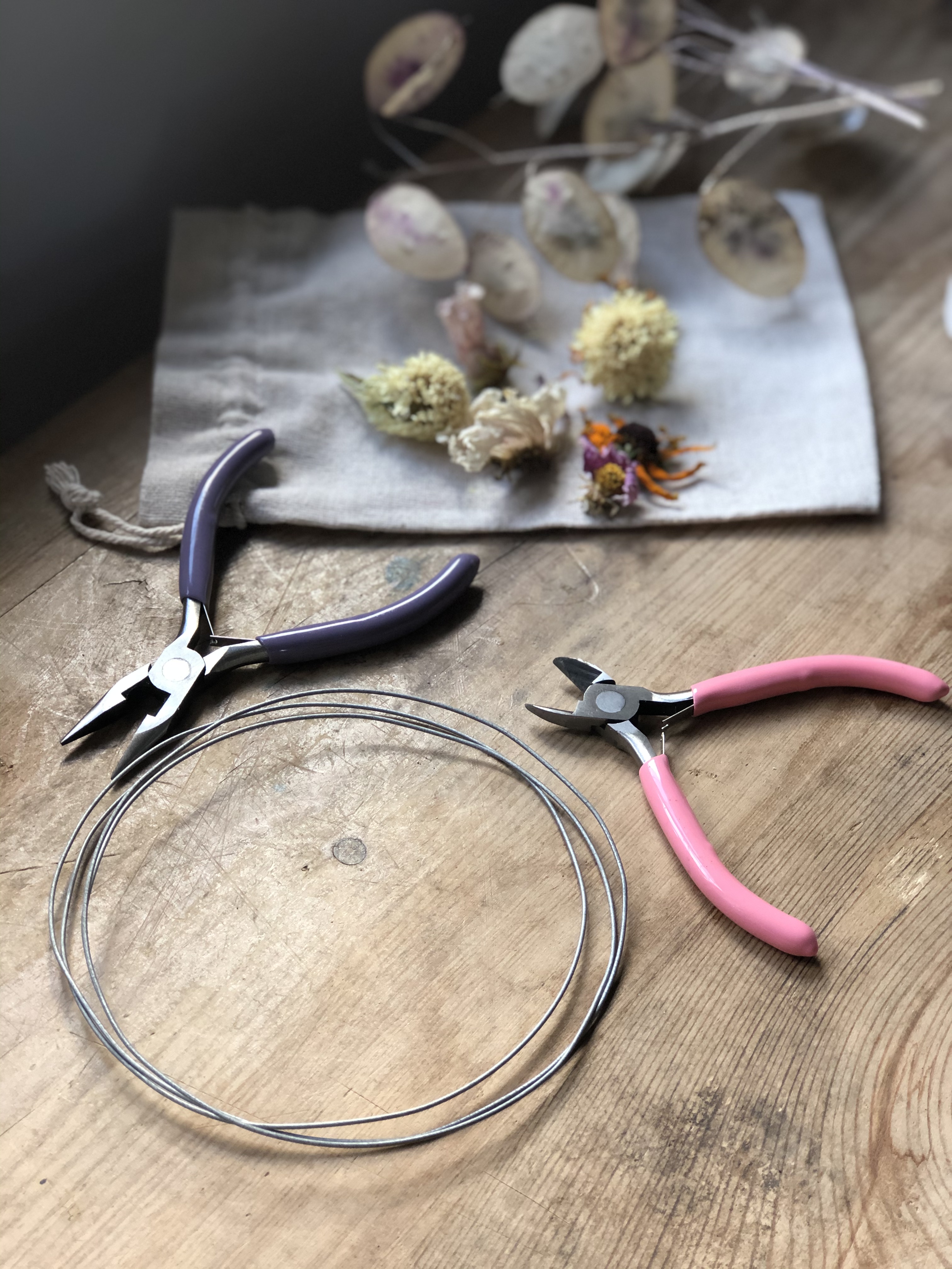 Preparing to make a dried flower hoop