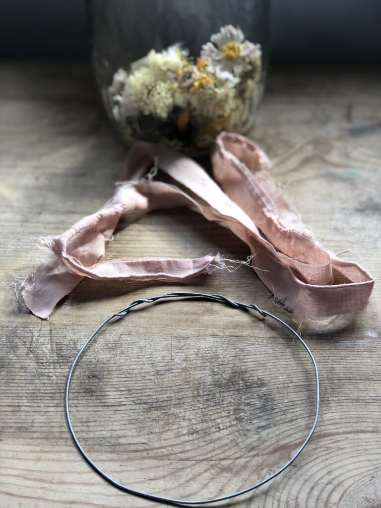 Preparing to make a dried flower hoop