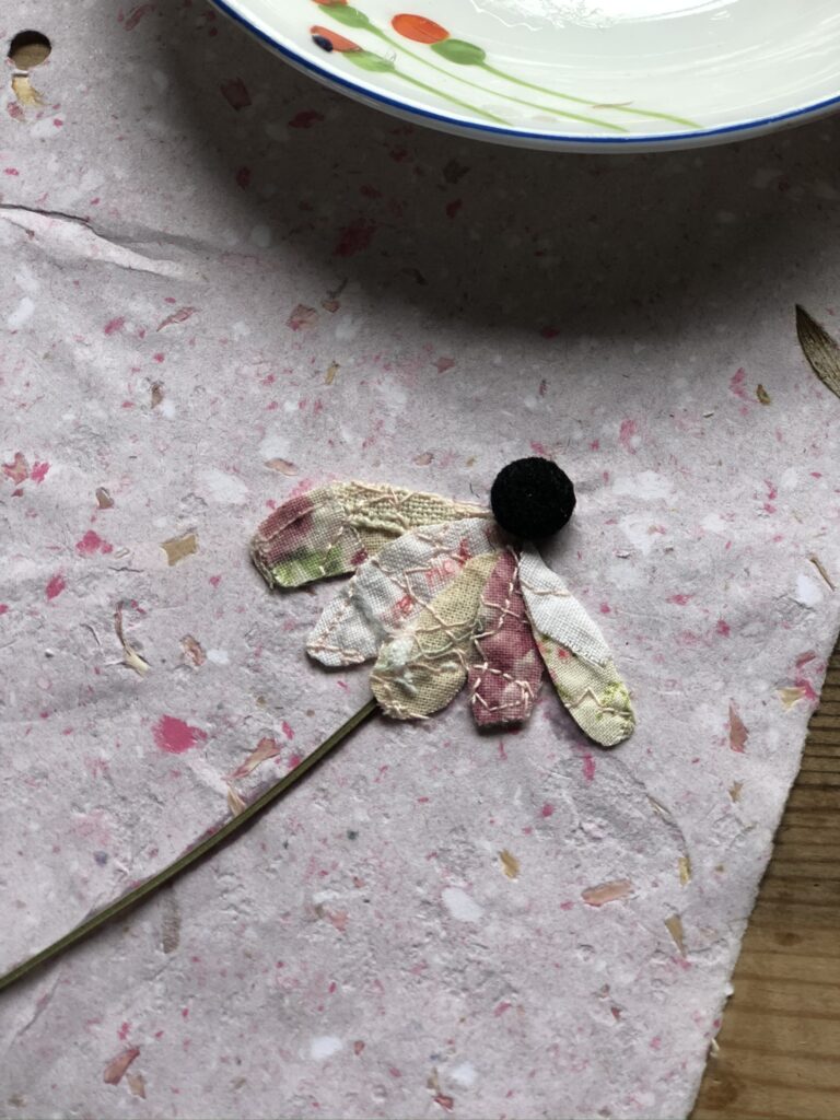 creating a mixed media art echinacea flower from fabric and buttons