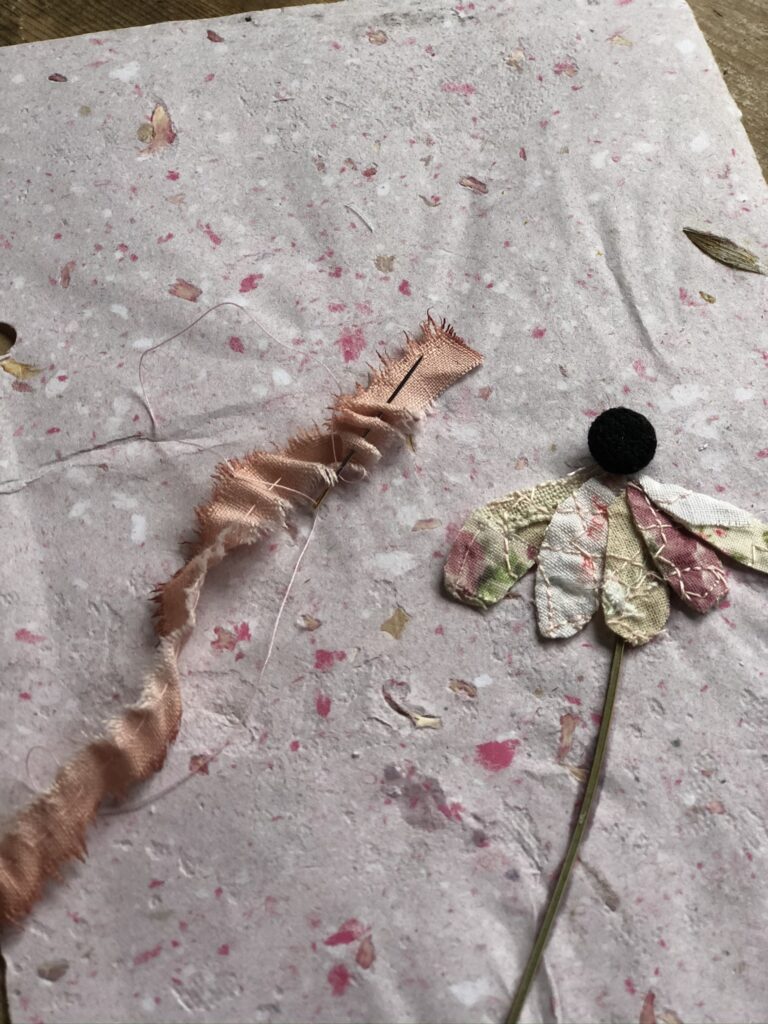 making flowers from homemade fabric and avocado dyed fabric