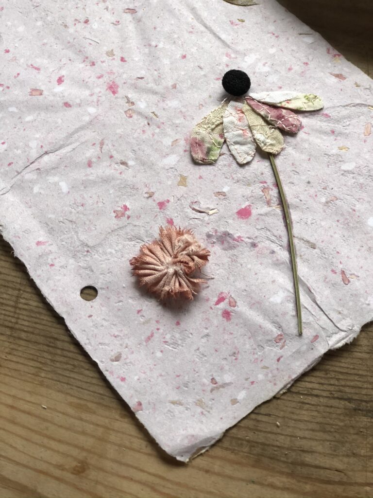 making flowers from homemade fabric and avocado dyed fabric