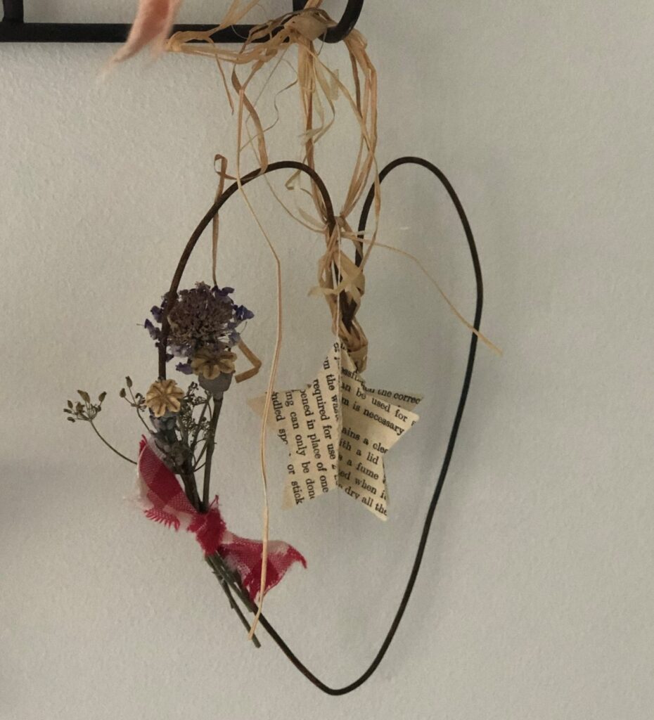 wire heart with dried flower and paper star