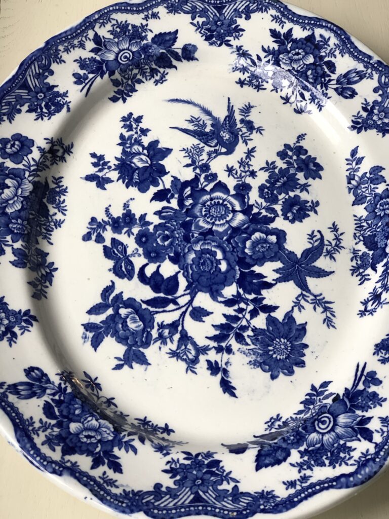 blue and white platter