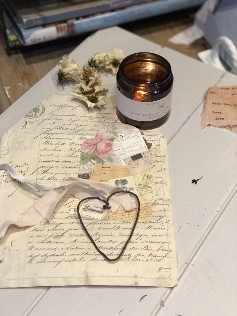 vintage ephemera and rusty wire heart