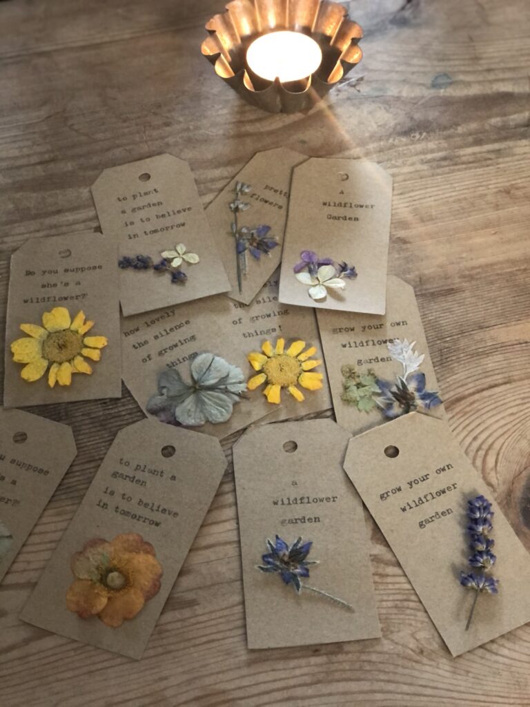 homemade gift tags with dried pressed flowers