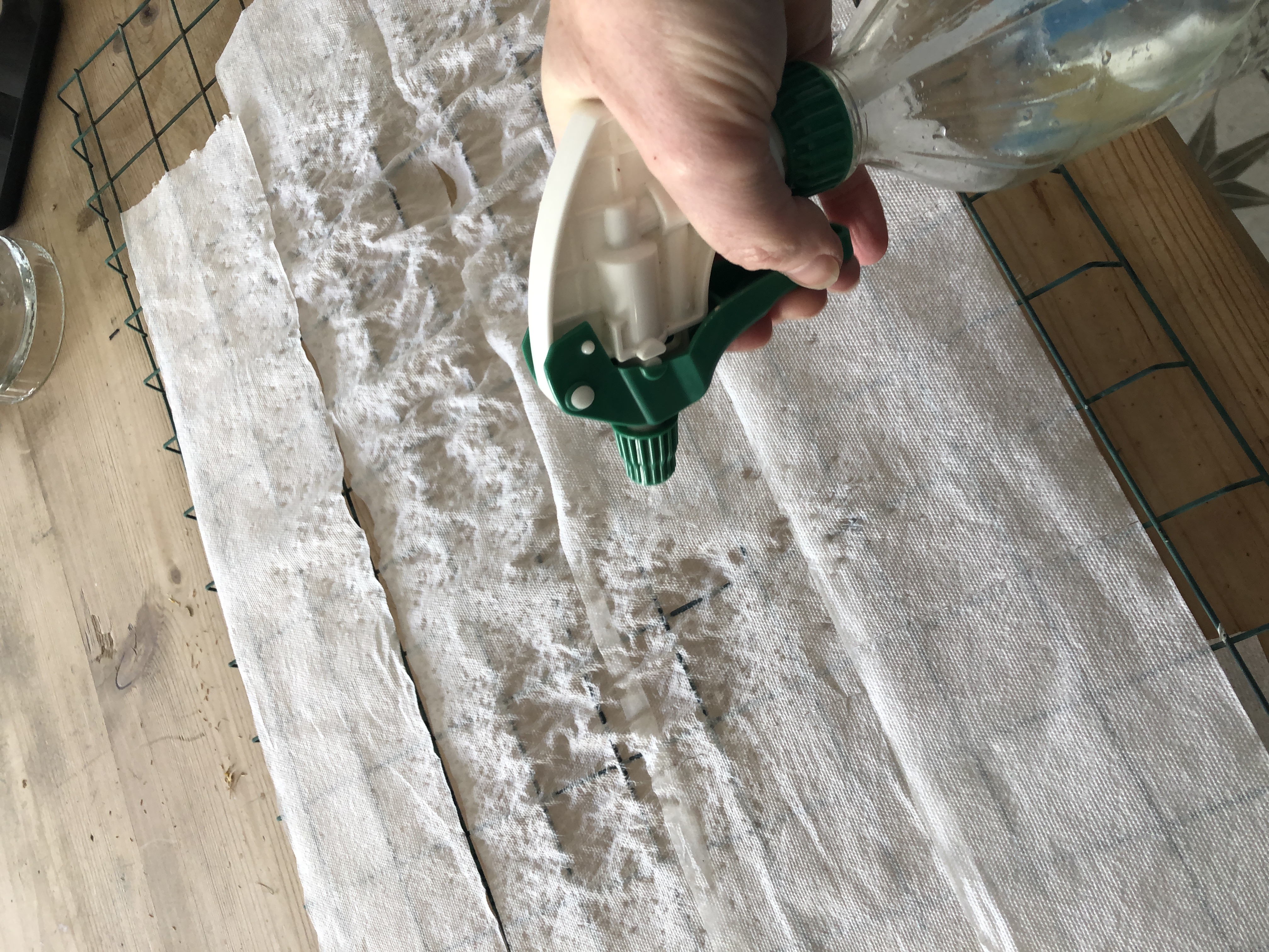 spraying toilet paper with water bottle