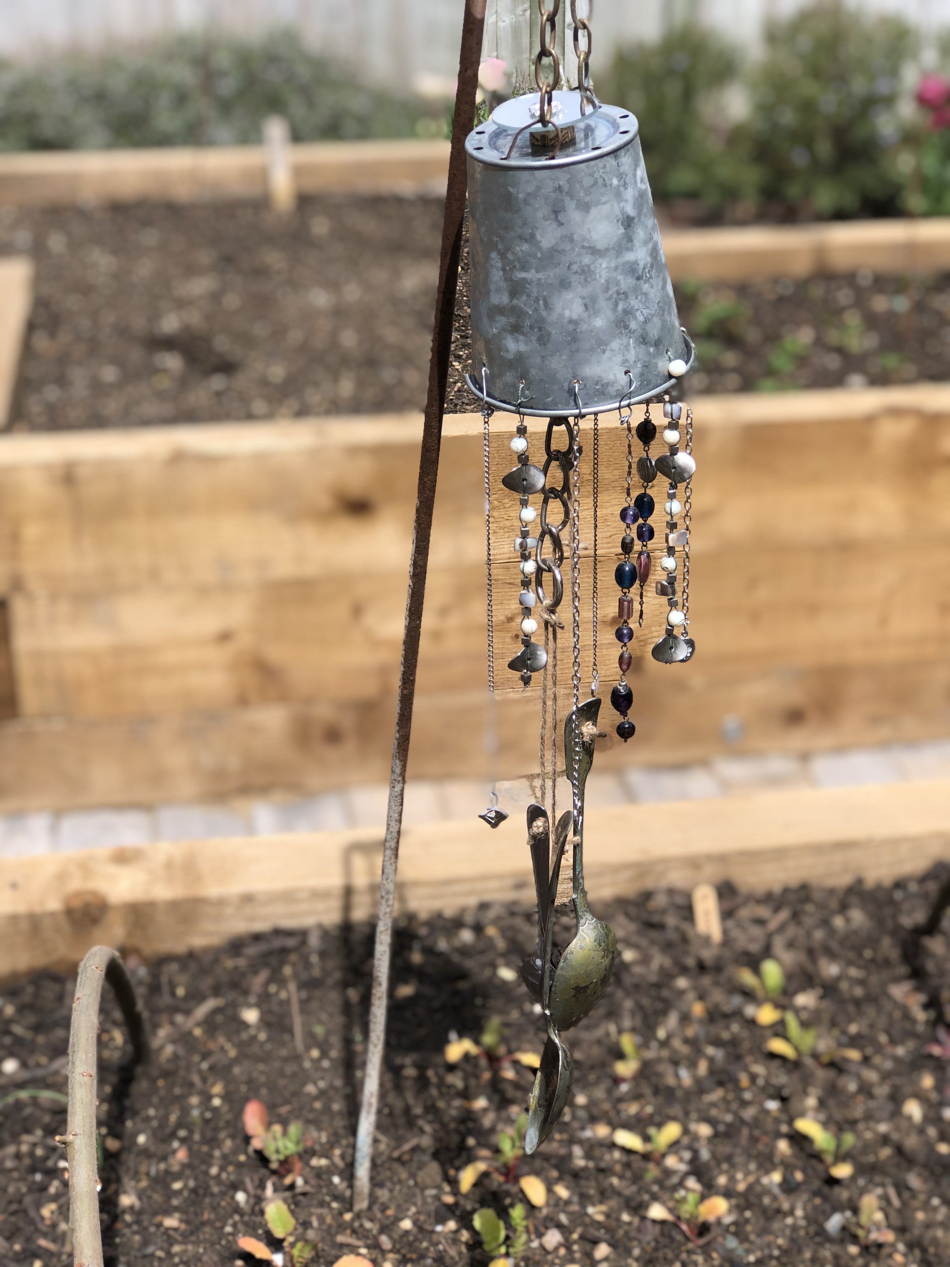 Wind Chimes in situ 5 - How to make a DIY Bird Scarer - or is it a recycled wind chime...