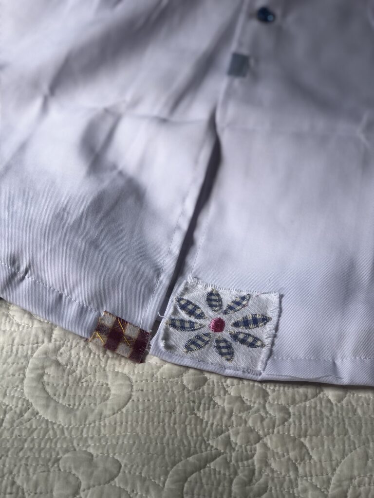 adding vintage fabric to white art coveralls