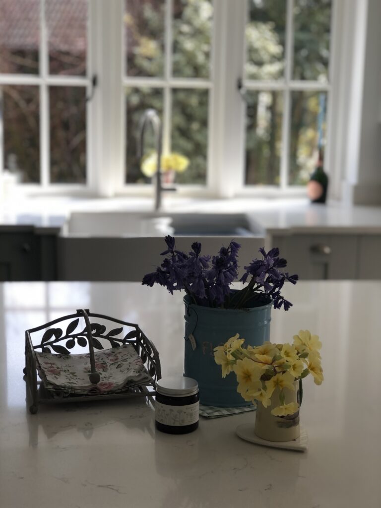 kitchen scene with bluebells and primroses