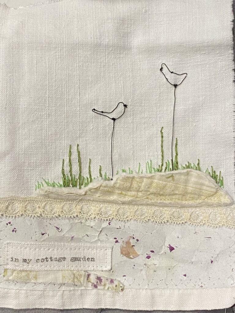 creating wall art embroidery with thread, fabric and wire birds