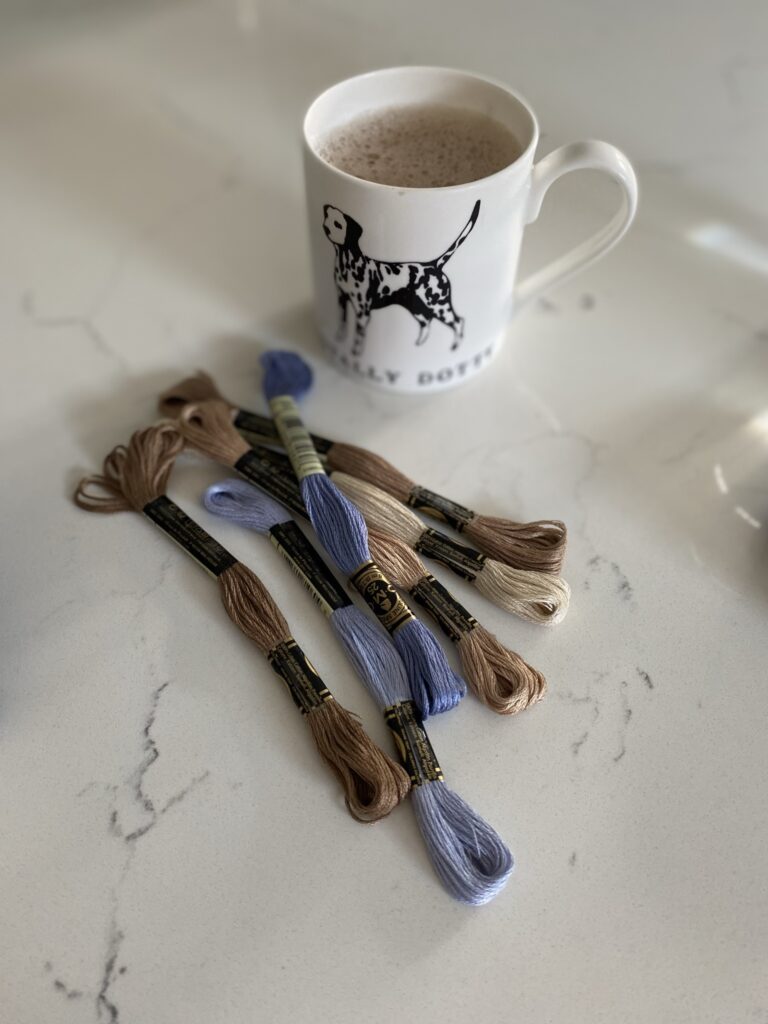 skeins of threads and mug of coffee