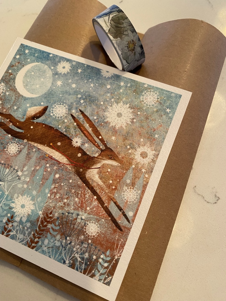 Christmas card with hare, brown paper and washi tape