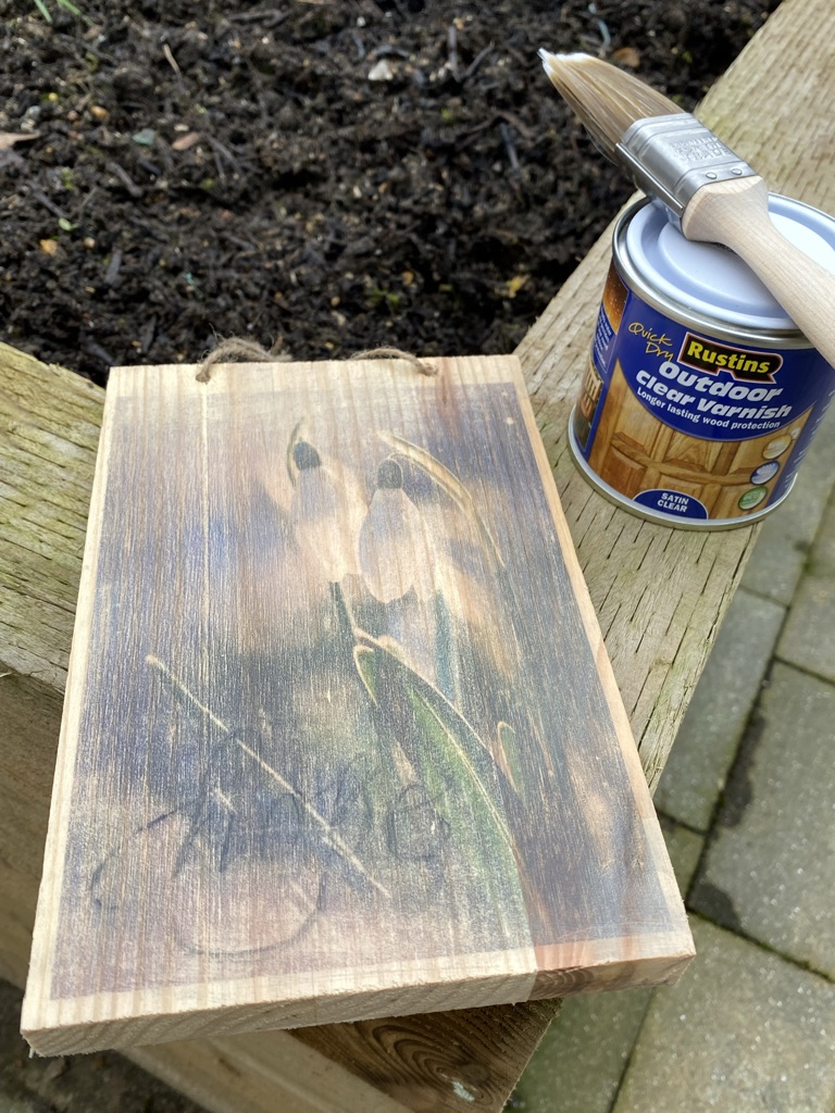 DIY wooden garden sign depicting snowdrop and hope, tin of varnish and paint brush