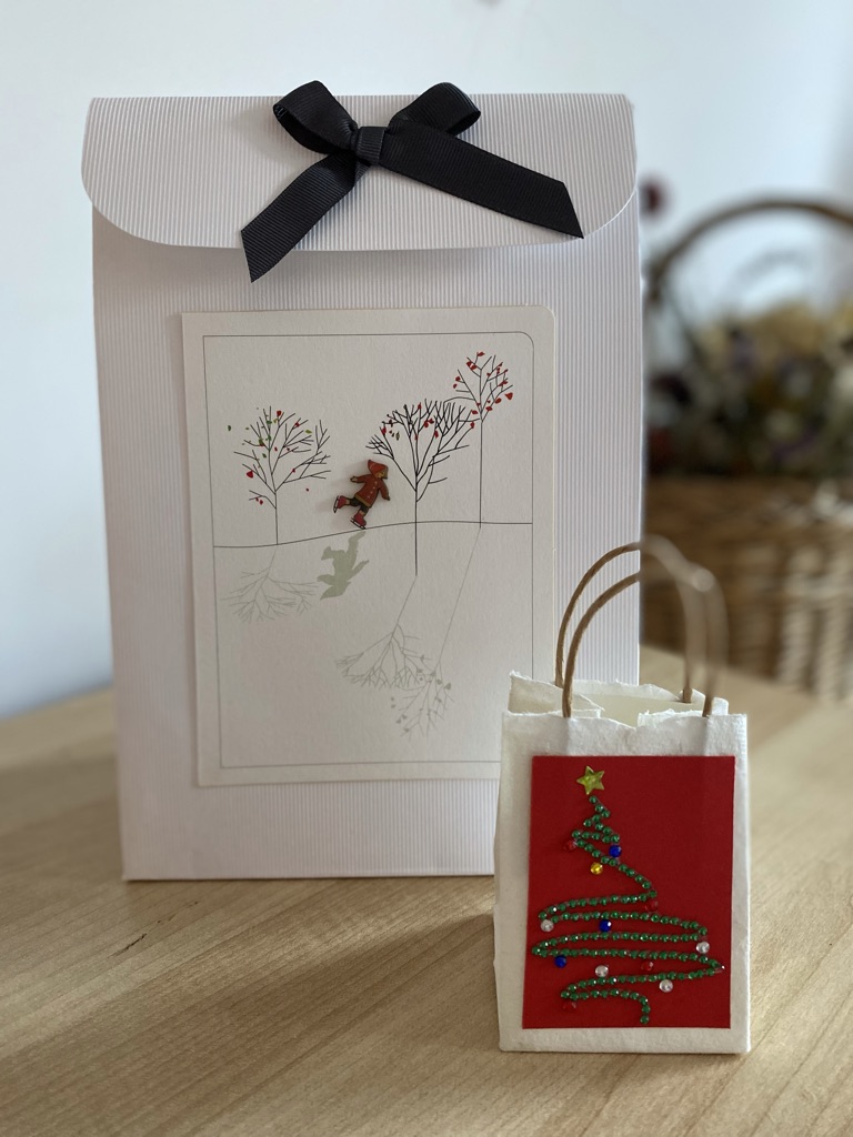 making Christmas gift bags from recycled bags and cards