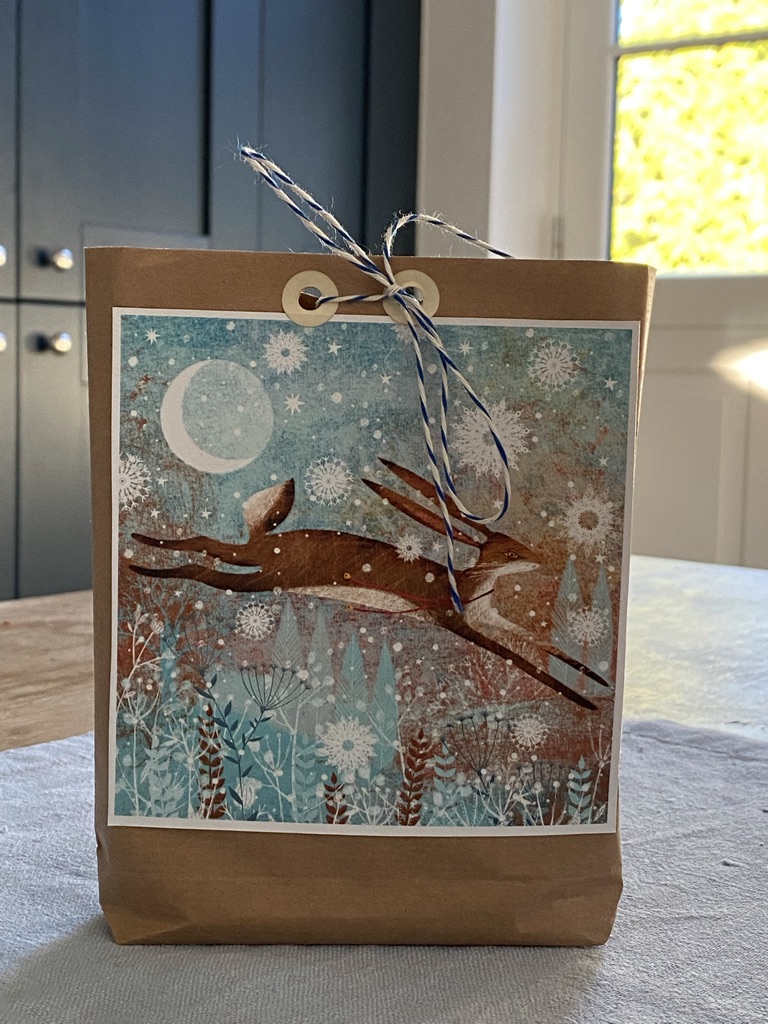 homemade gift bag with hare motif