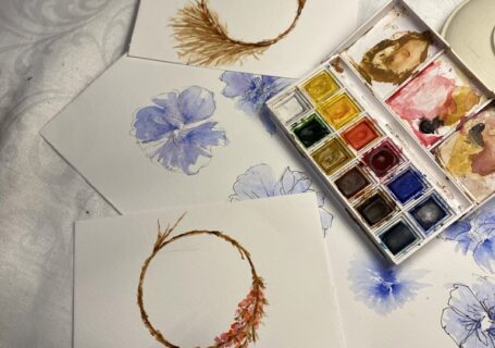 beginners watercolour painting and pallet of paints