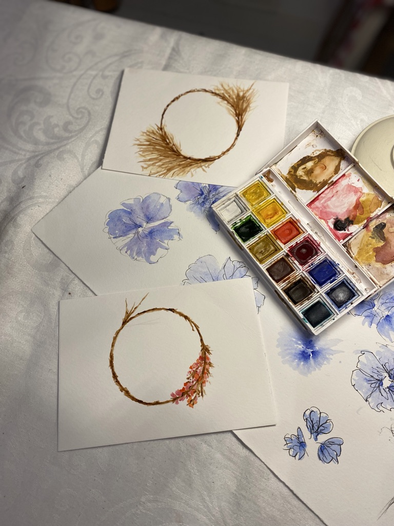 beginners watercolour painting and pallet of paints