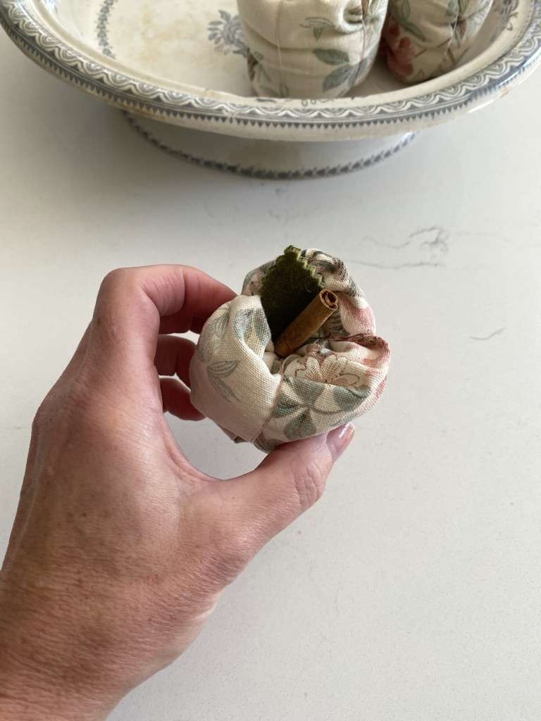 lady's hand holds fabric apple