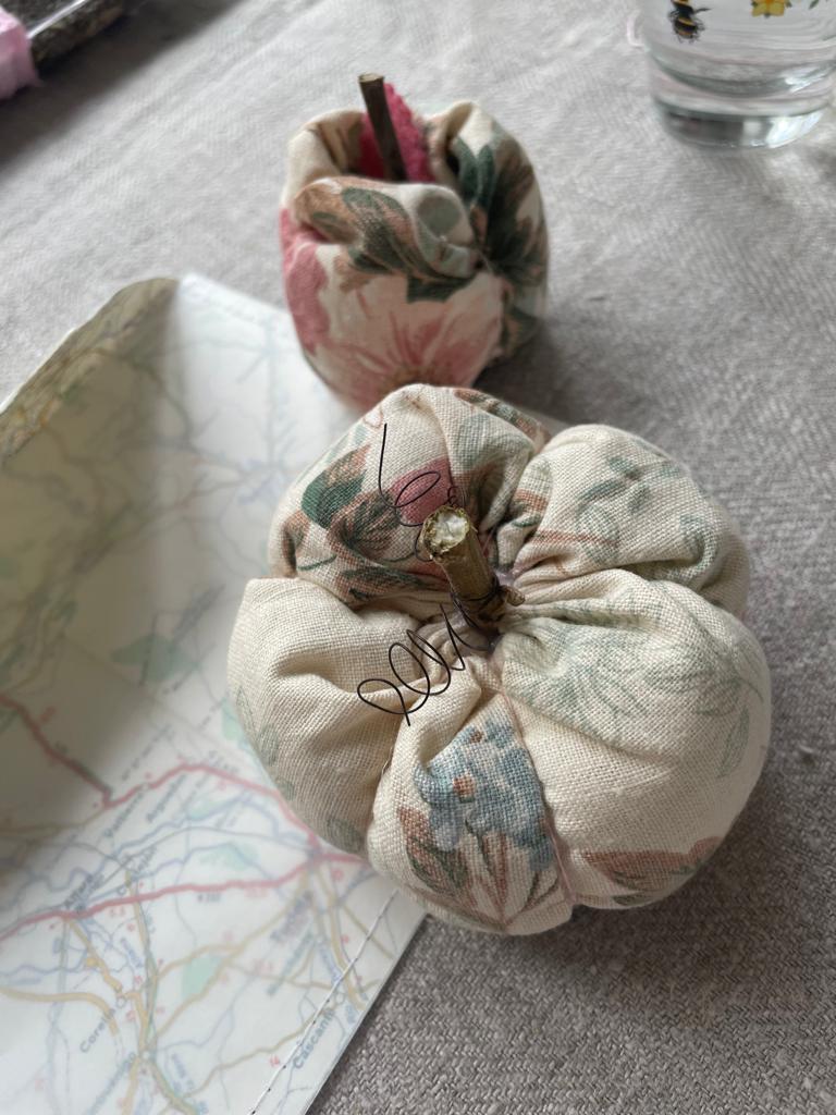 fabric apples, pumpkin and old map envelope