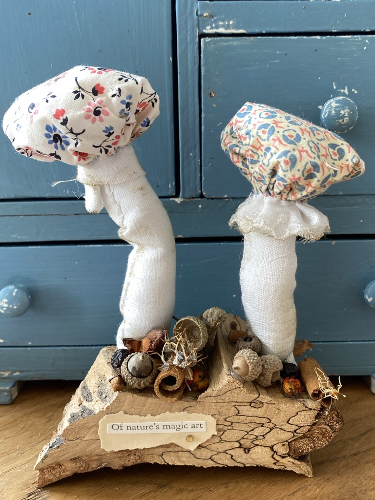 a craft woodland setting of two textile fabric mushrooms on top of wood with berries and dried flowers at the base and a paper quote in front of a teal chippy cupboard