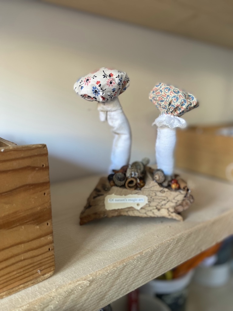 a craft woodland setting of two textile fabric mushrooms on top of wood with berries and dried flowers at the base and a paper quote on a shelf