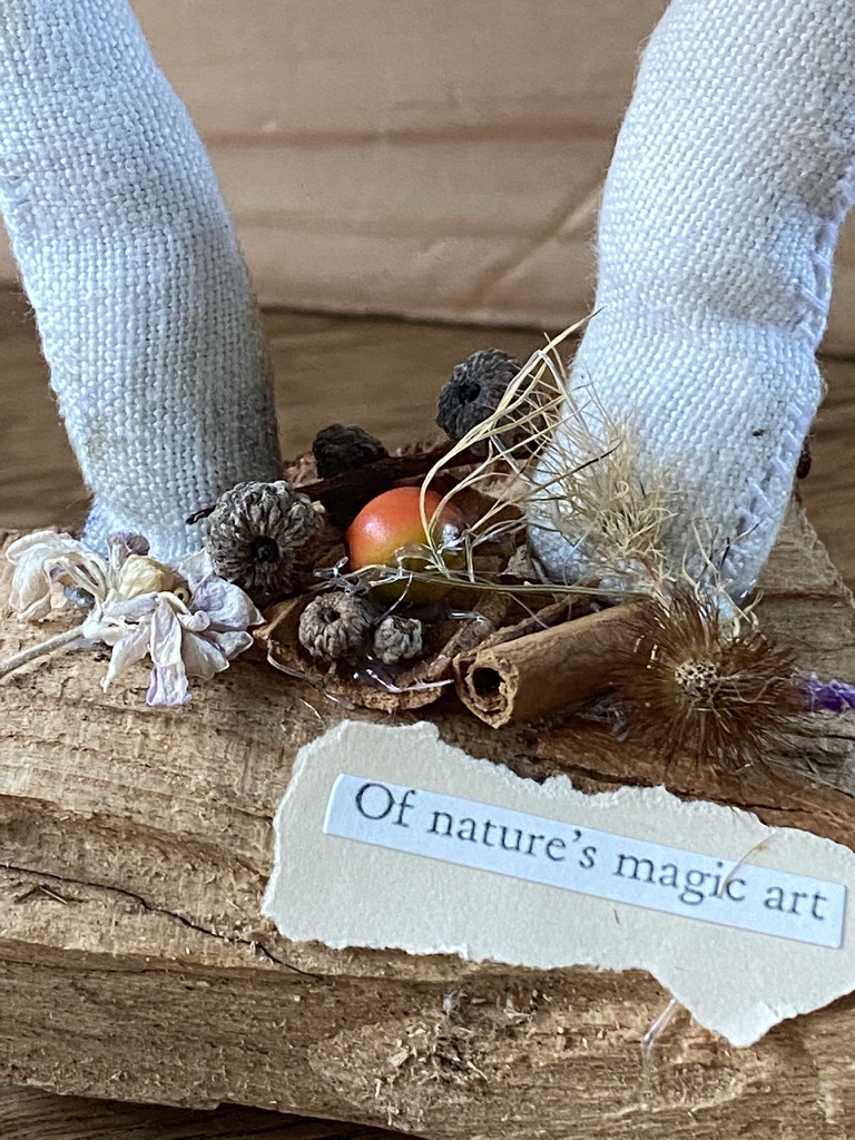 berries, cinnamon sticks and dried flowers on wood with a paper sign create the base for textile mushrooms