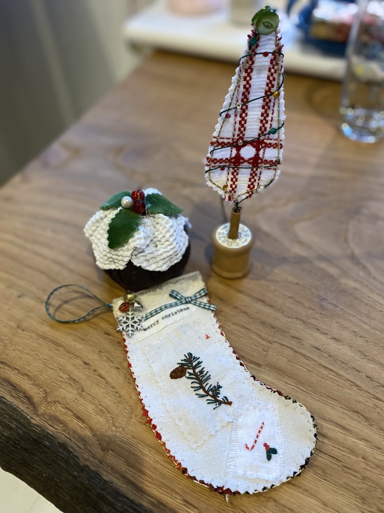 hand stitched and embrroidered Christmas stocking, mixed media Christmas tree and fabric Christmas pudding