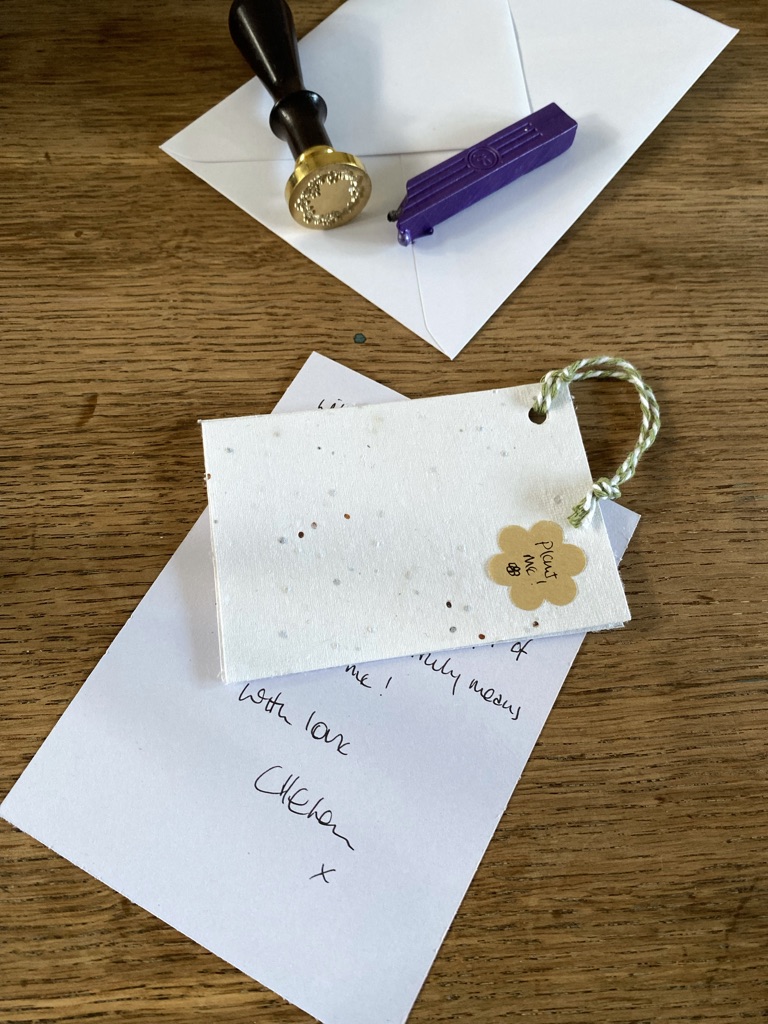 wax seal, wax, envelope, seed paper tags and handwritten thank you card