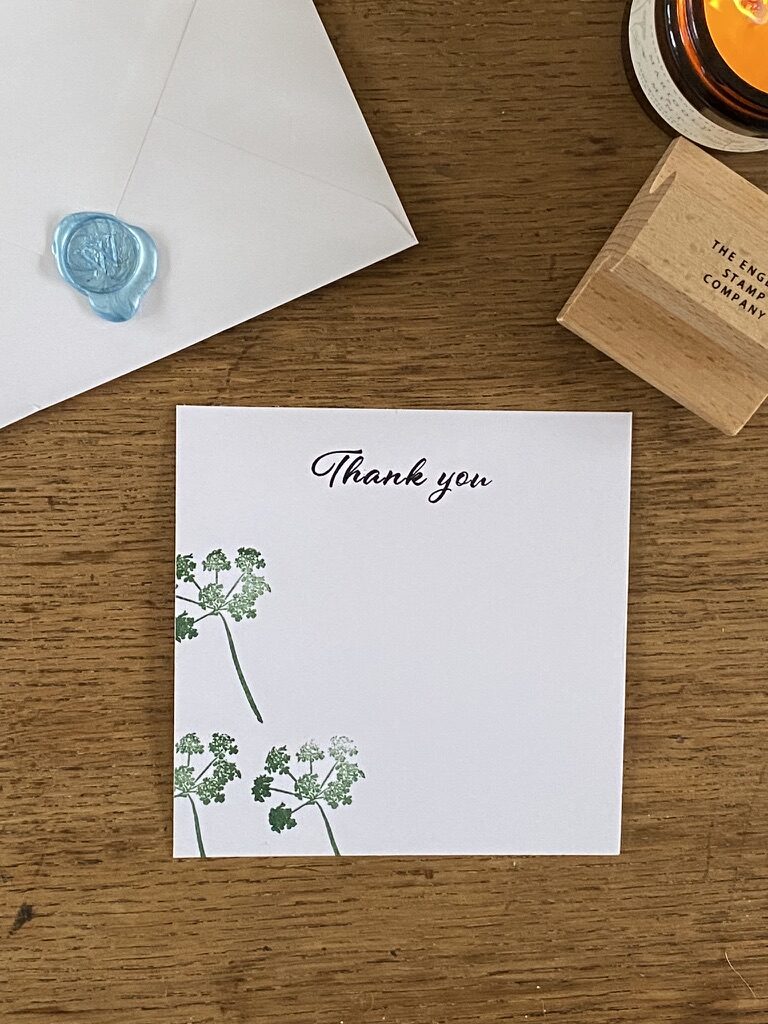 handmade thank you card, wax sealed envelope, craft stamp and candle