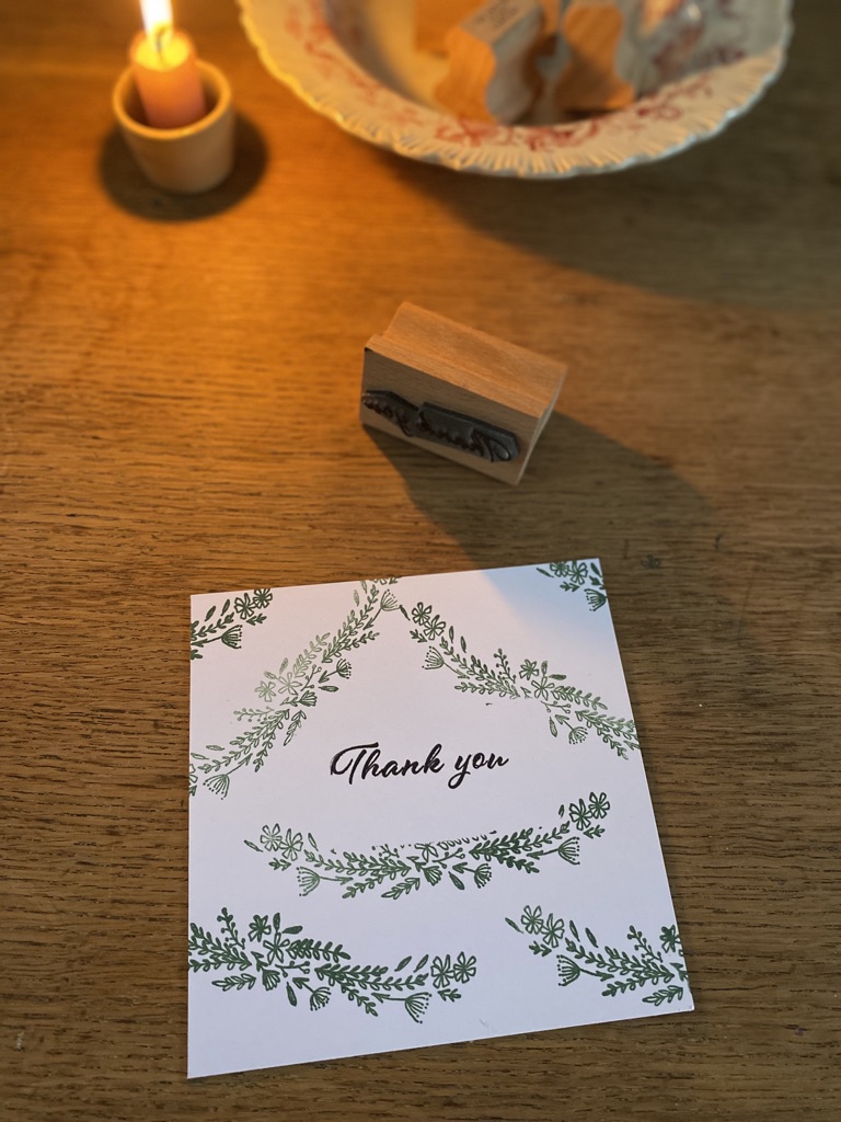 handmade thank you card with craft rubber stamp, candle and pink vintage bowl