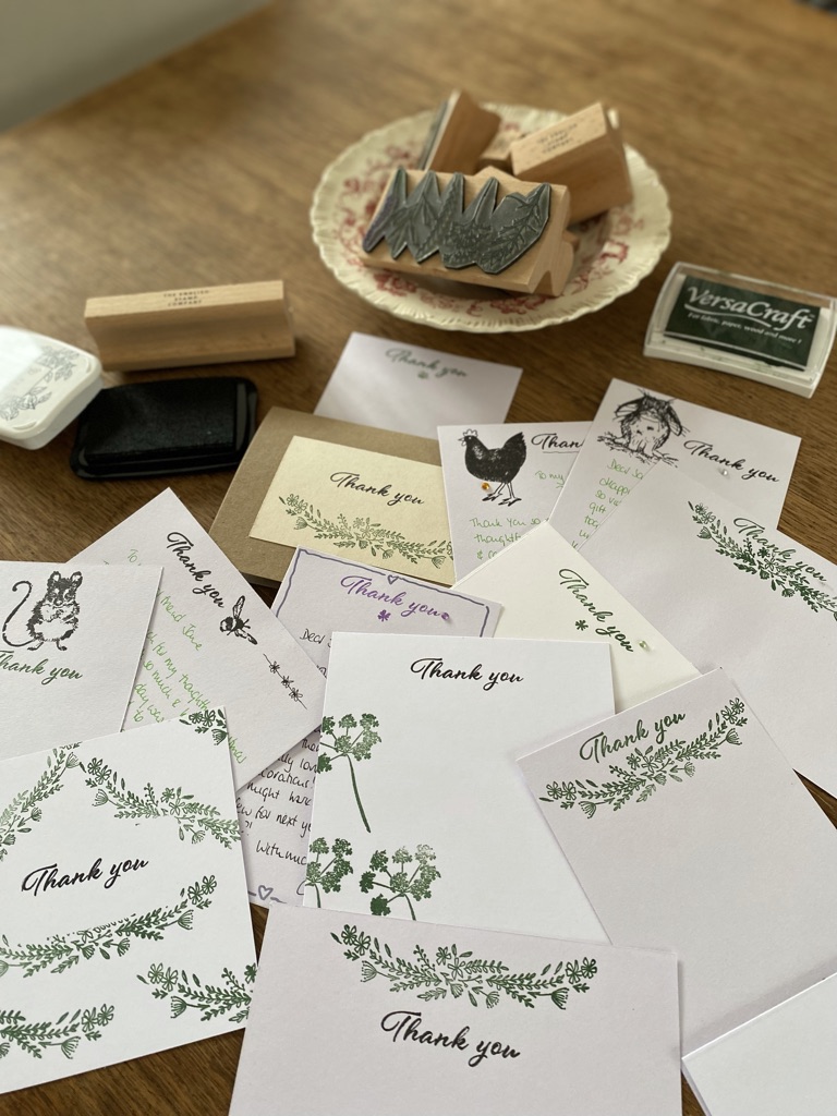 a selection of homemade thank you cards using rubber craft stamps, rubber craft stamps and ink pads